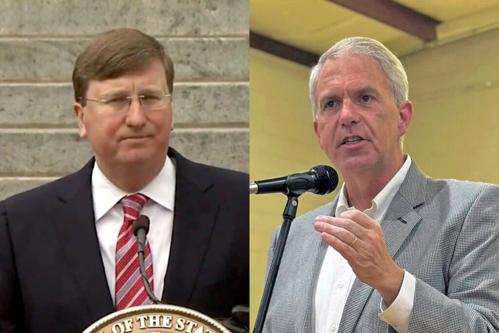 Side by Side of Tate Reeves and Brandon Presley, both speaking at podiums
