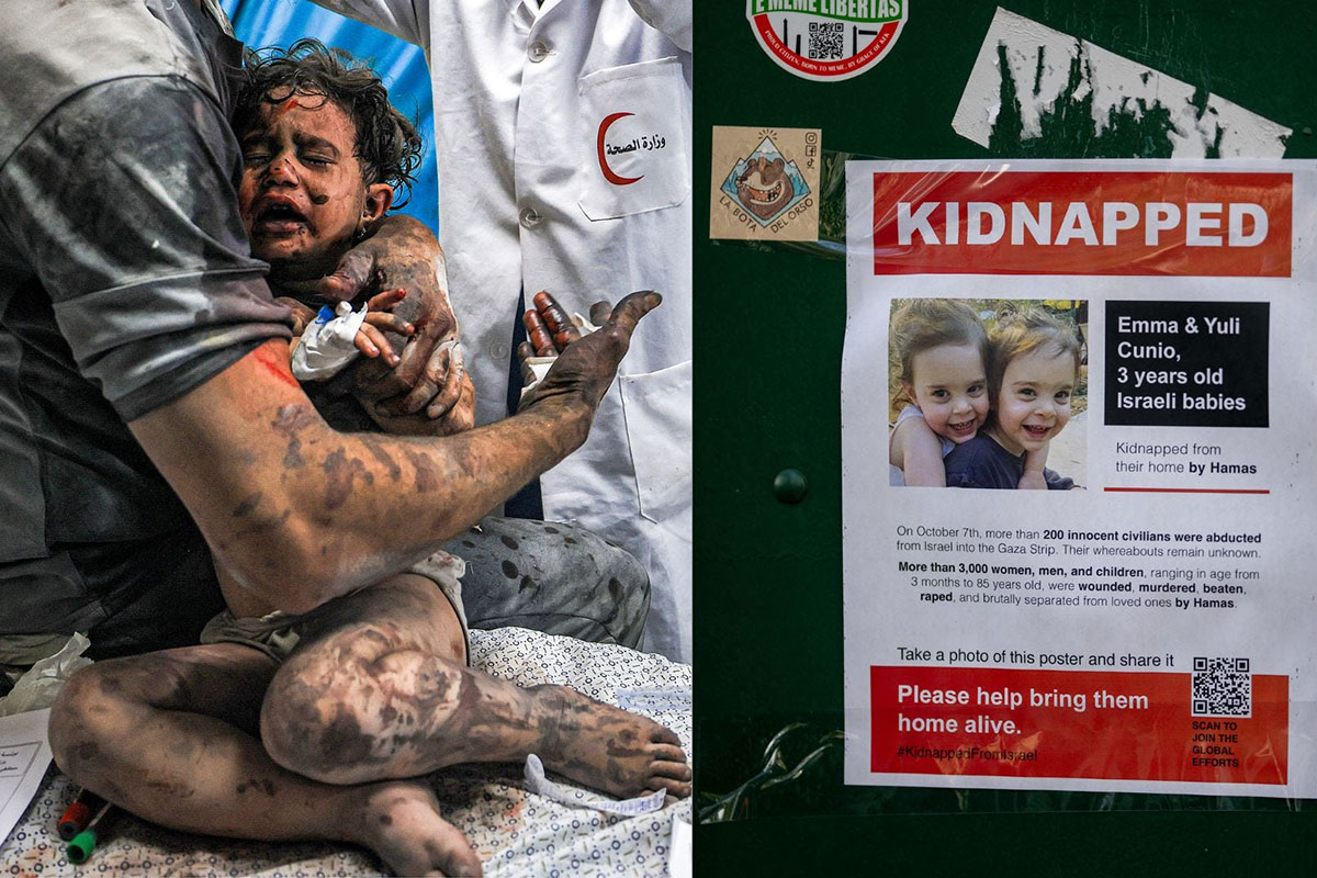 Side by side image, left side showing an injured child covered in blood and dirt in the arms of doctors, right side showing a flyer about two kidnapped children
