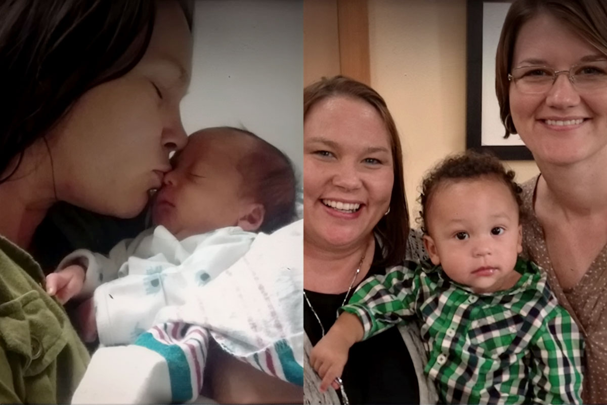 The left photo shows a woman kissing a newborn. the right photo shows two women smiling with a young child