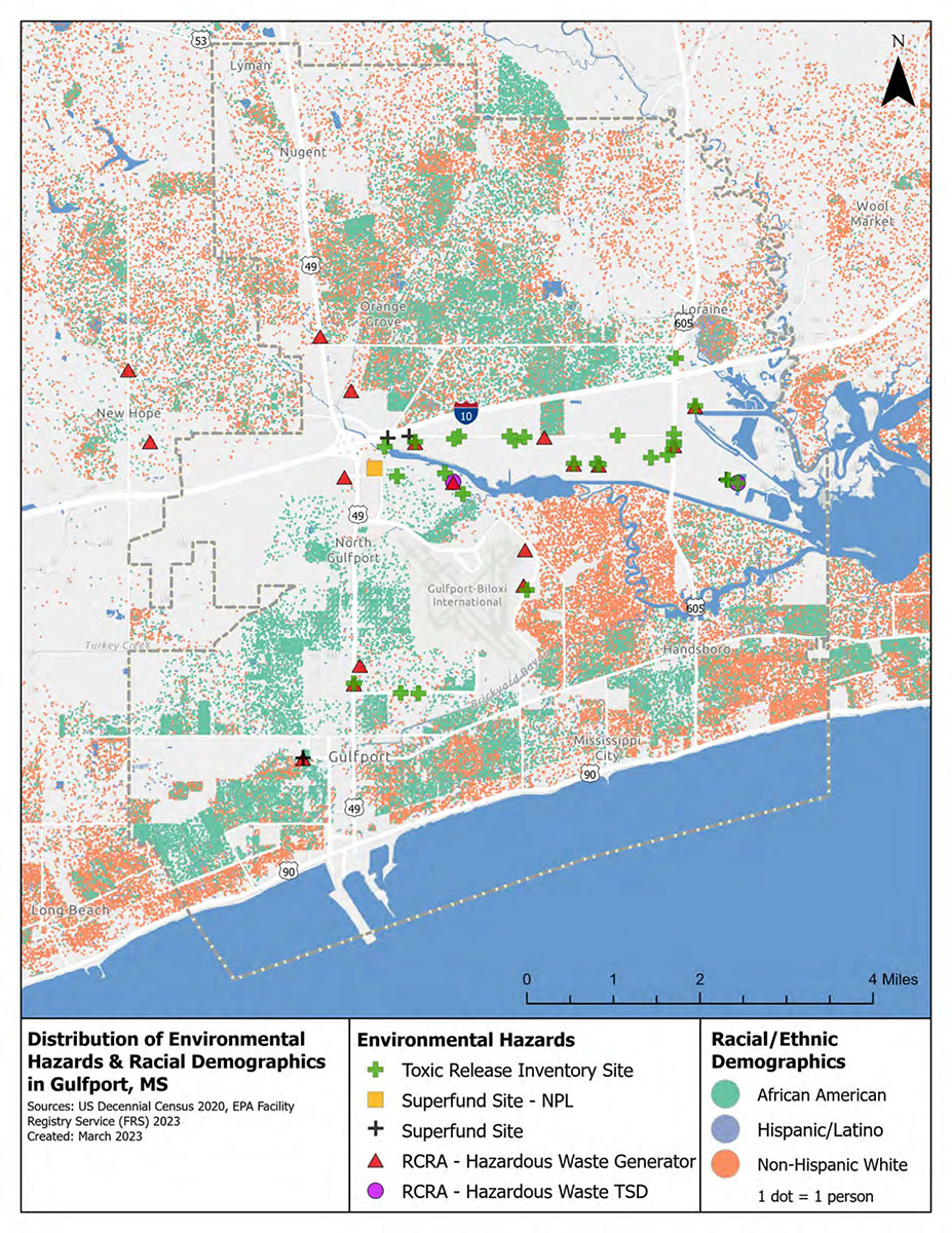 Map showing the Distribution of Environmental Hazards & Racial Demographics in Gulfport, MS