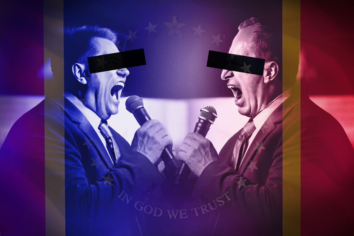 An illustration of two men facing each other and yelling into microphones