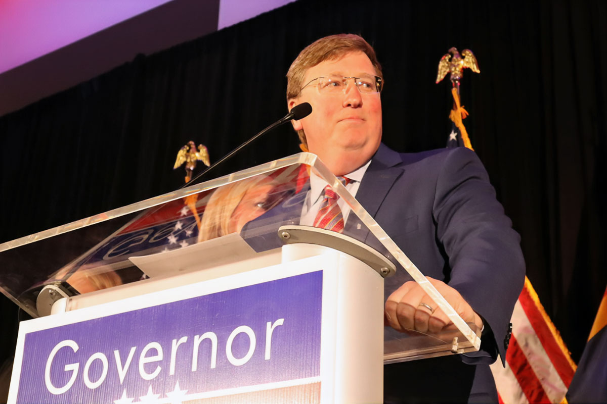 Governor Tate Reeves speaking at his campaign party
