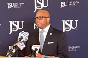 JSU president Marcus Thomas talking to the audience of a press conference