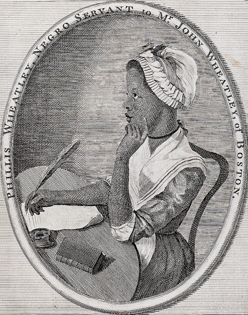 An engraving of Phillis Wheatley shown sitting at a desk writing with w feathered ink quill