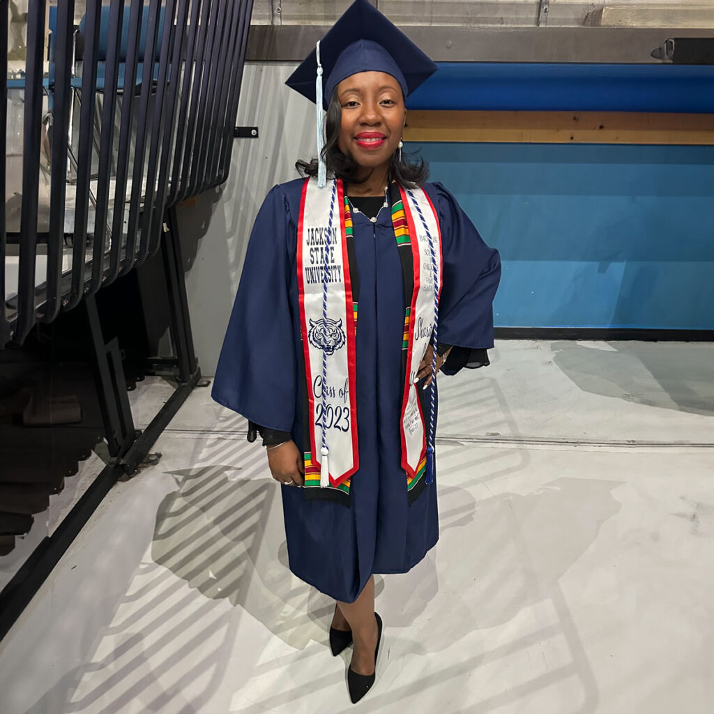 Sharita Hansford seen in her Jackson State University Class of 2023 graduation robes