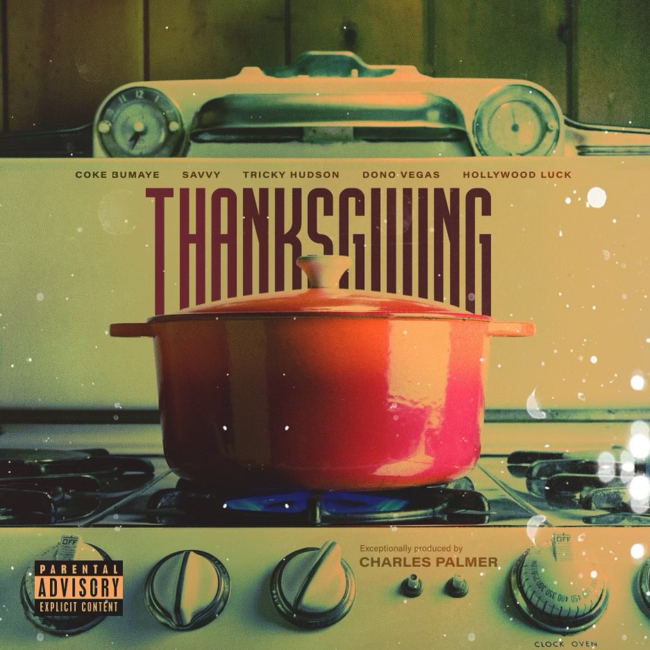 The cover art for Thanksgiving: The Album featuring a red dutch oven pot on top of a lit gas stove
