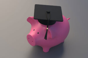 An illustration of a pink pig wearing a black graduation cap