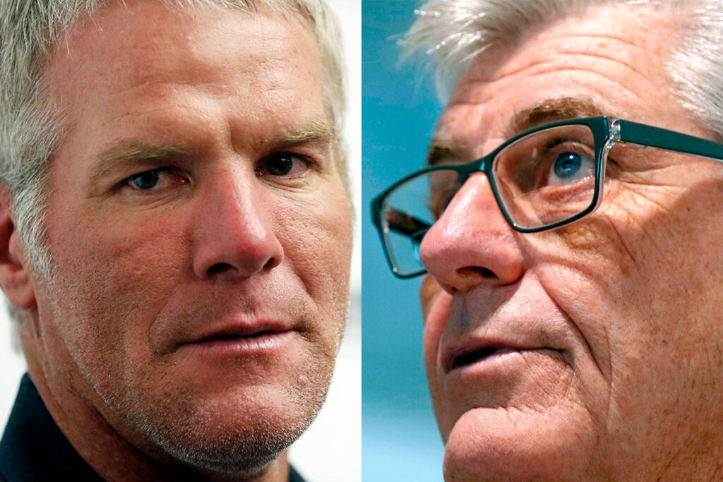 A side by side photo with Brett Favre on the left and Phil Bryant on the right