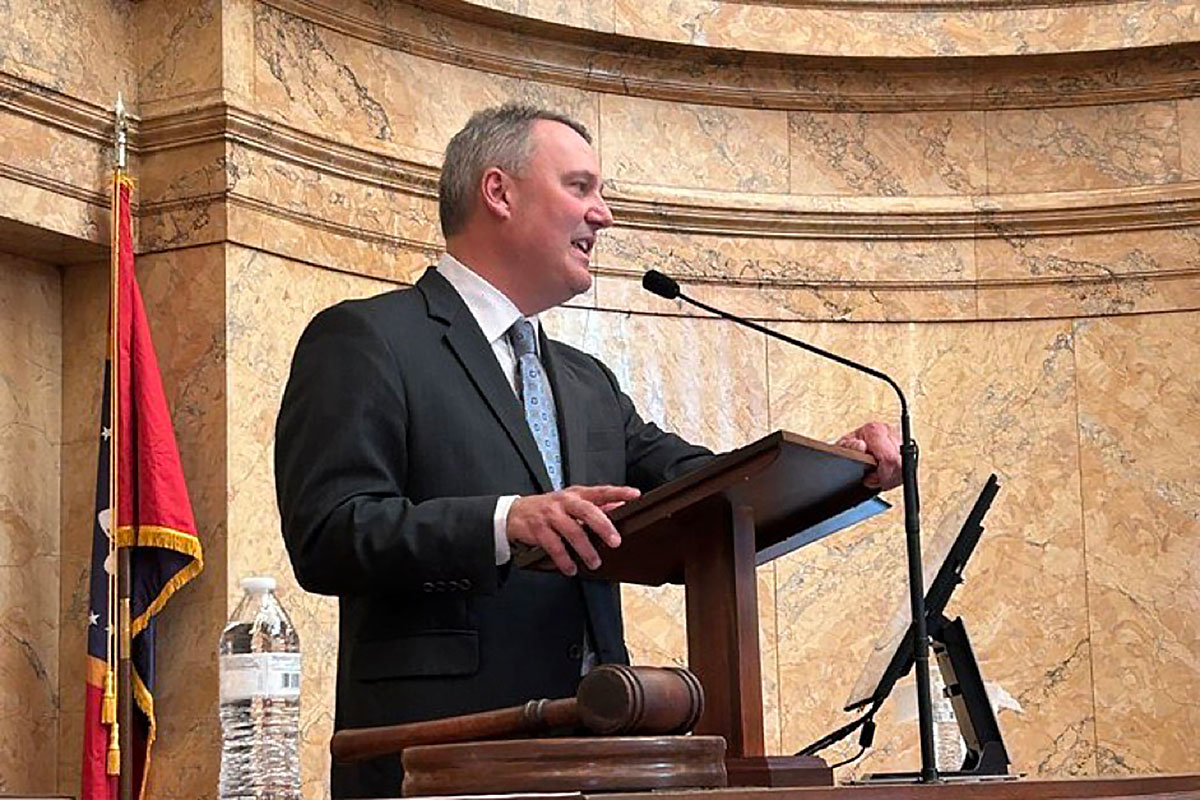 House Speaker Jason White speaking at the senate podium