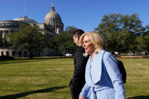 Mississippi Attorney General Lynn Fitch walks past the Mississippi State Capitol