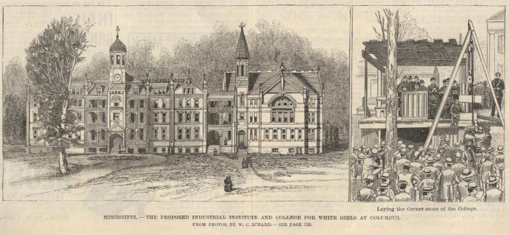 Drawing of I.I. & C. from 1885. On right is an image of the college's dedication in 1885 and left is Callaway Hall (built in 1847 and used as dorms and classrooms) with the addition of Orr Chapel.