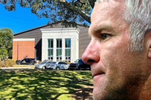 Closeup of NFL quarterback Brett Favre overlayed the USM Wellness Center Volleyball court building