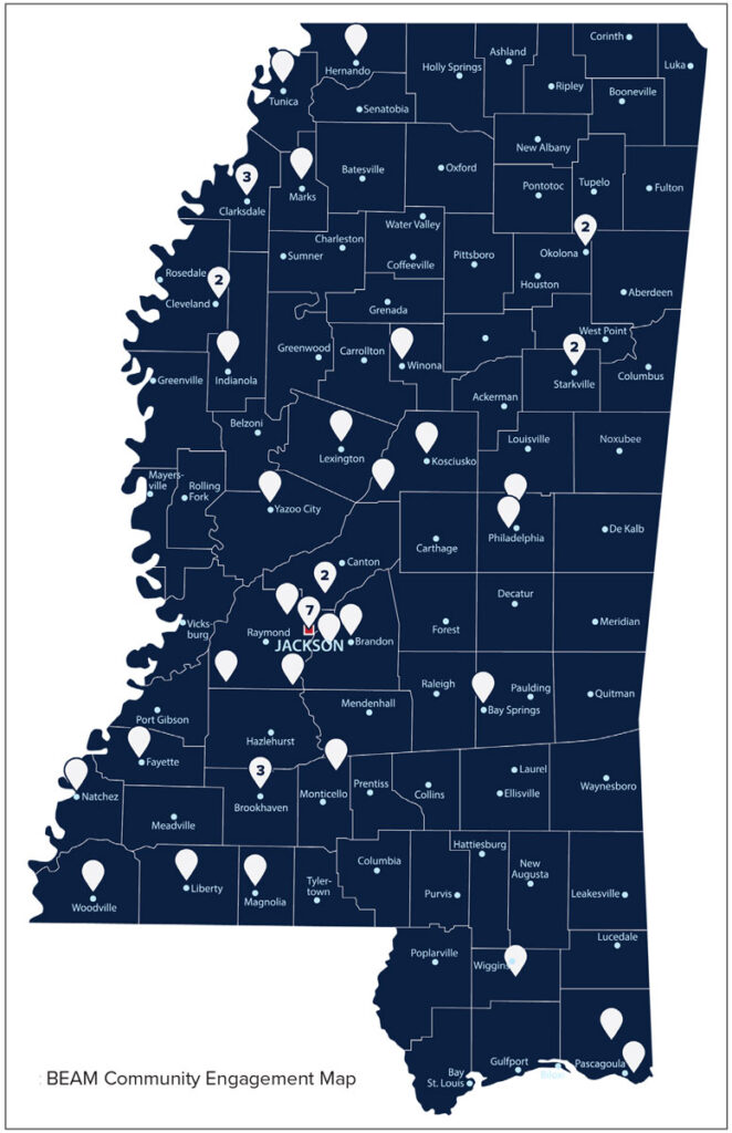 A map of Mississippi with many counties pinpointed