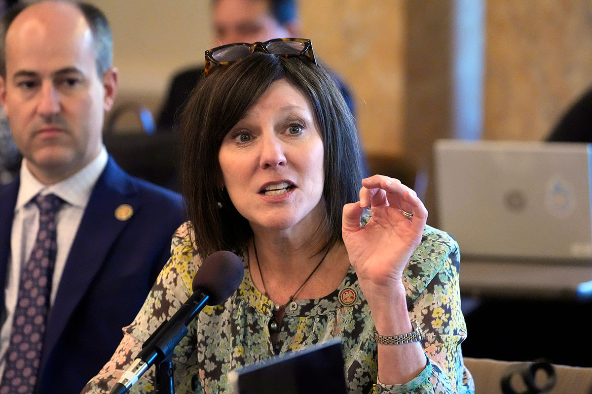 A woman speaking at a legislative committee