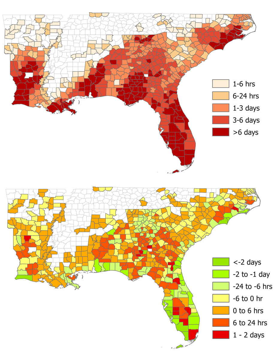 Two maps of the southeastern U.S. show a correlation between outages and social vulnerability