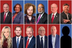 11 candidates and one placeholder image on red or blue backgrounds