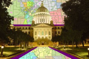 Mississippi State Capitol building overlaying a map of the Mississippi House Districts