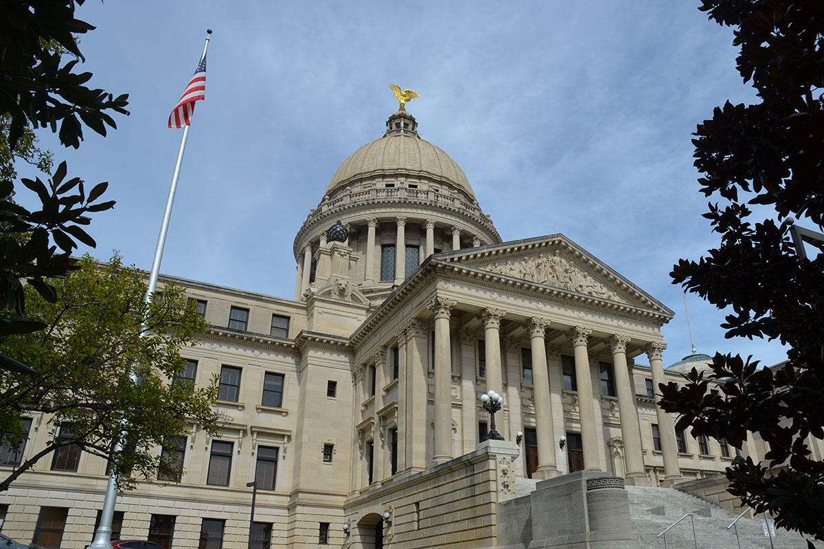 A view of the Mississippi State Capitol building from the front side