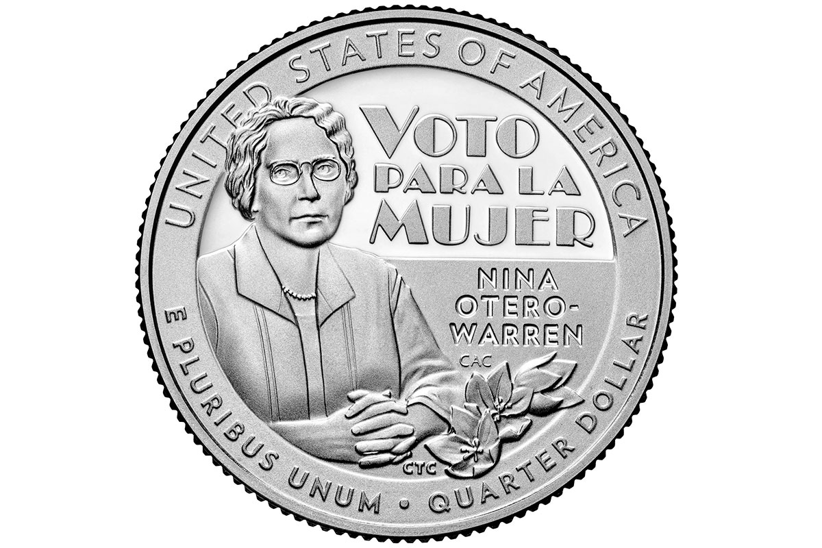 A photo of a US Quarter that reads Voto Para La Mujer, Nina Otero-Warren and a graphic of a woman beside that