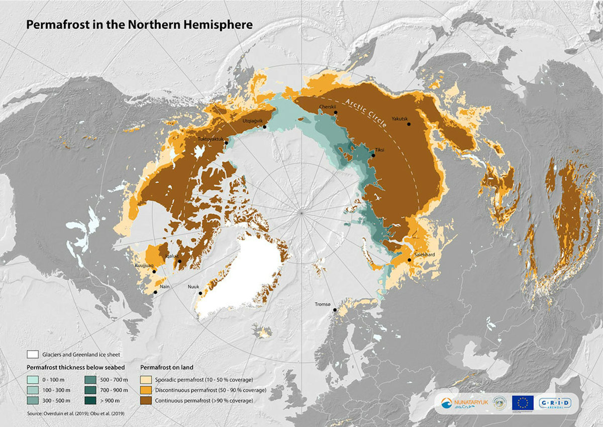 A map shows where permafrost is found, both in ground and below the ocean