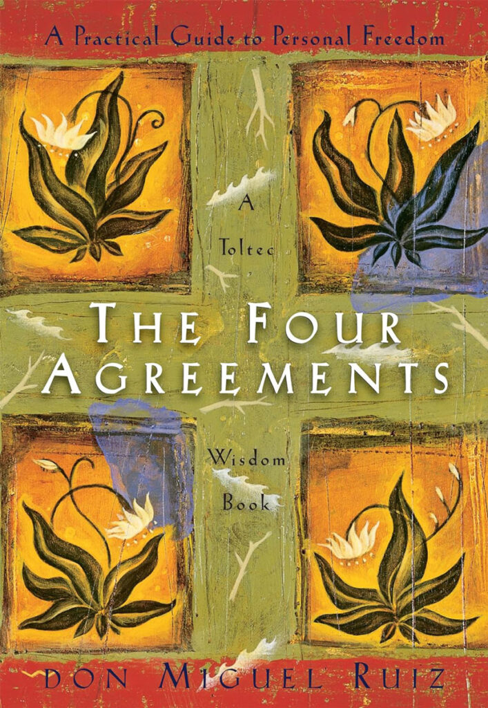 A book cover for The Four Agreements. It's sage green with tomato red accents and depicts stylized plants in four quadrants