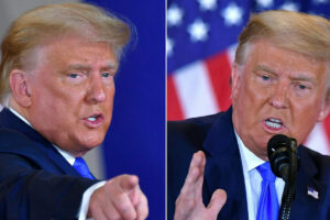 Two photos of President Trump speaking and pointing