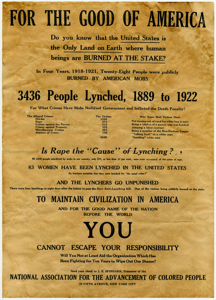 An old NAACP poster calls attention to 3,436 people lynched between 1889 and 1922