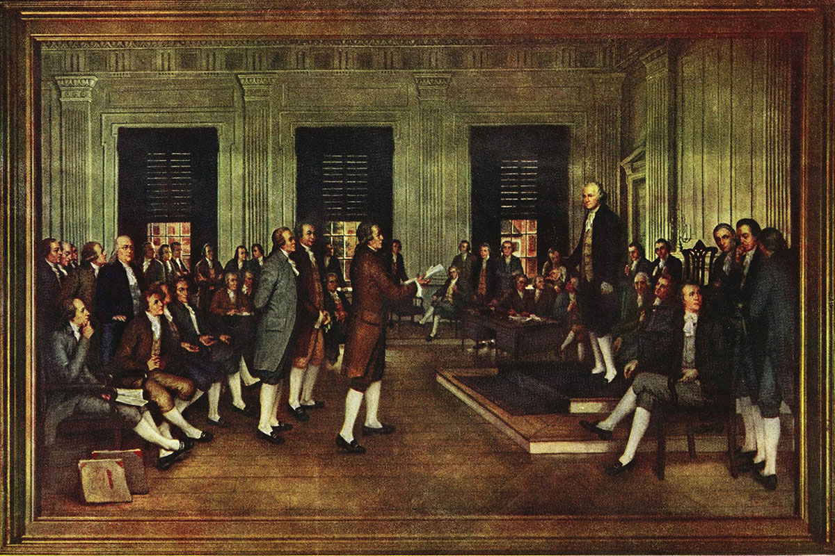 A painting depicting men in 1700's fashion discussing something to one man standing on a podium