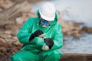 Person in a green hazmat suit, black gloves, white helmet and face mask pours contaminated water from one glass container to another