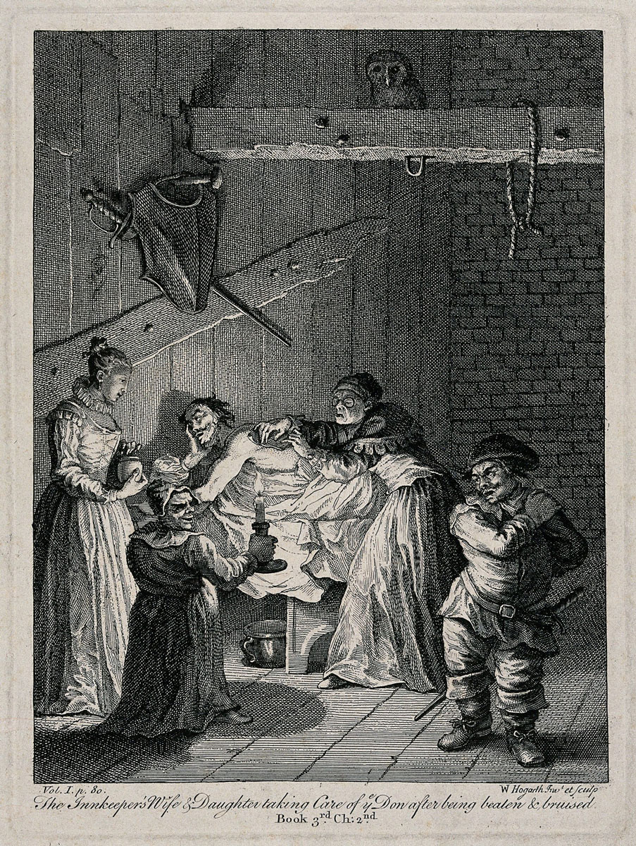 Black and white engraving of four people surrounding the bedside of a man lying prone, with one of the people tending to a wound on his back by candlelight