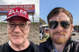 Side by side of two white men, one wearing a red hat that reads Ron Eller for Congress, the second wearing aviator style sunglasses
