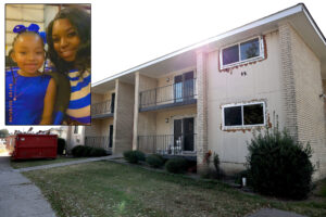 A photo of a mother and daughter are overlayed a photo of a off white apartment building in bad shape