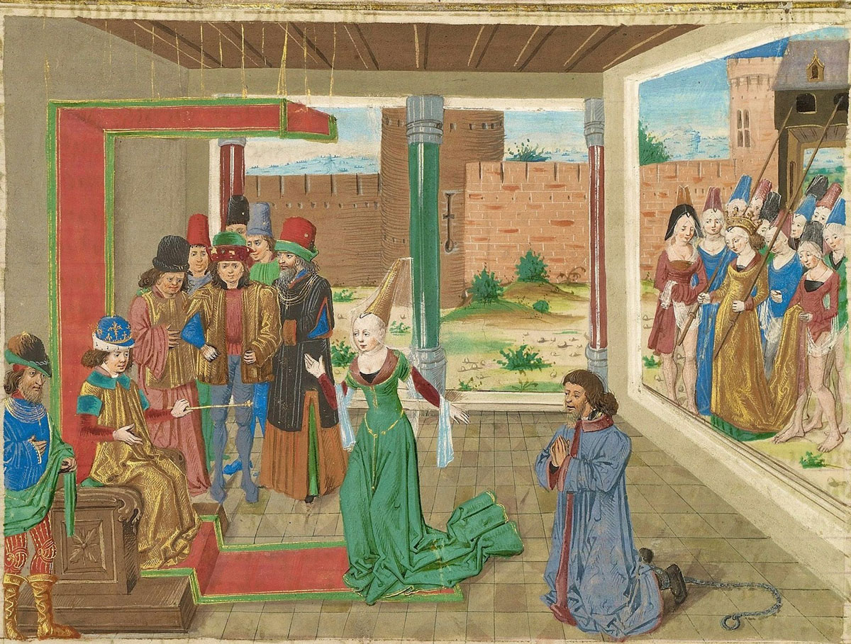 "A medieval painting of people in courtly dress standing before a man on a throne, as another man and a woman kneels before him