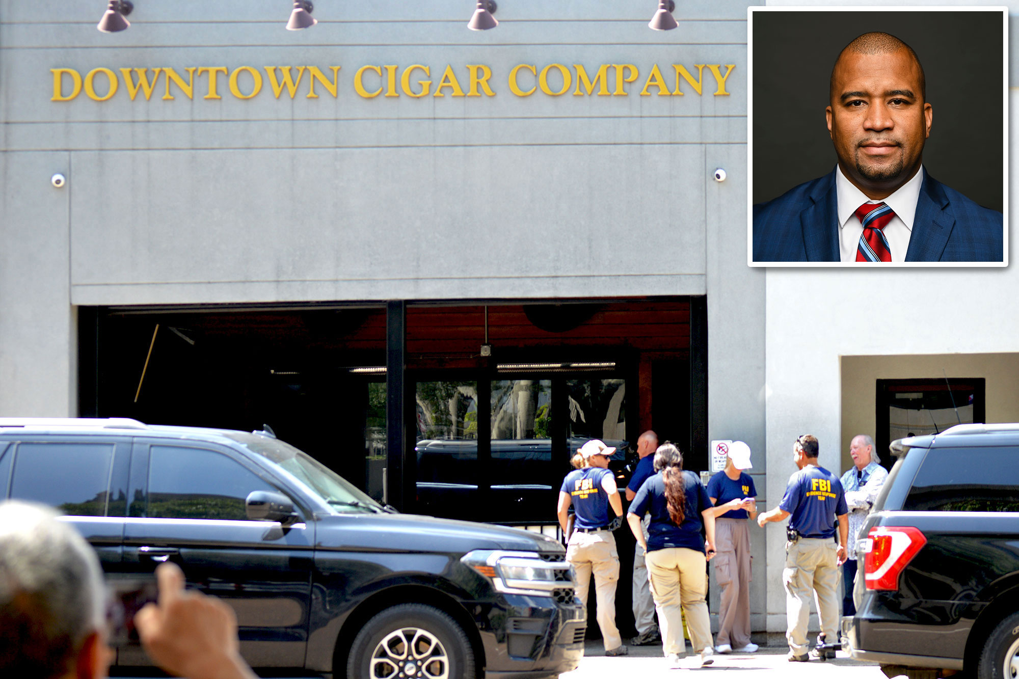 The portrait of a man in suit and tie is inset above a photo of FBI agents stand outside a building marked as the Downtown Cigar Company