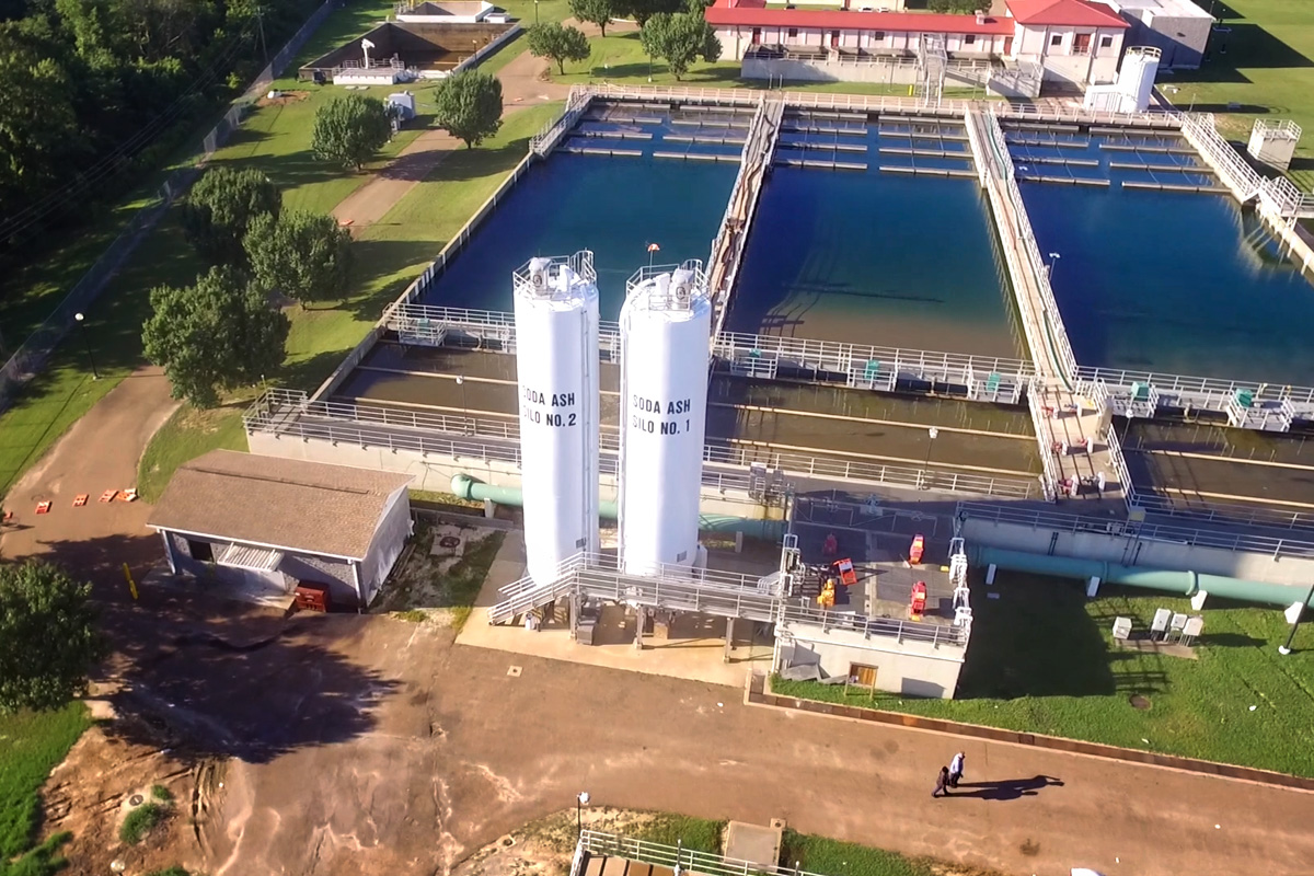 Overhead view of OB Curtis Water Plant towers and water tanks
