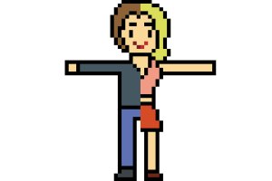 Pixel art of a person that's presenting half masculine, half feminine