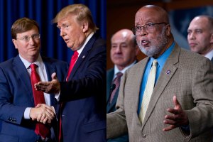 A side by side photo, one showing Tate Reeves shaking hands with Donald Trump. The second shows Bennie Thompson speaking with arms gesturing wide