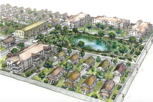 A rendering of a neighborhood which includes houses, apartment complexes, and a park with a pond