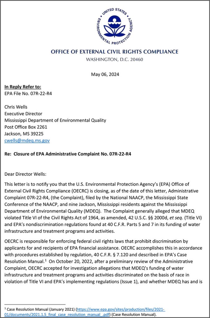The Environmental Protection Agency’s May 6, 2024, report on their investigation into the NAACP’s Sept. 27, 2022, racial discrimination complaint against the MDEQ and health department.