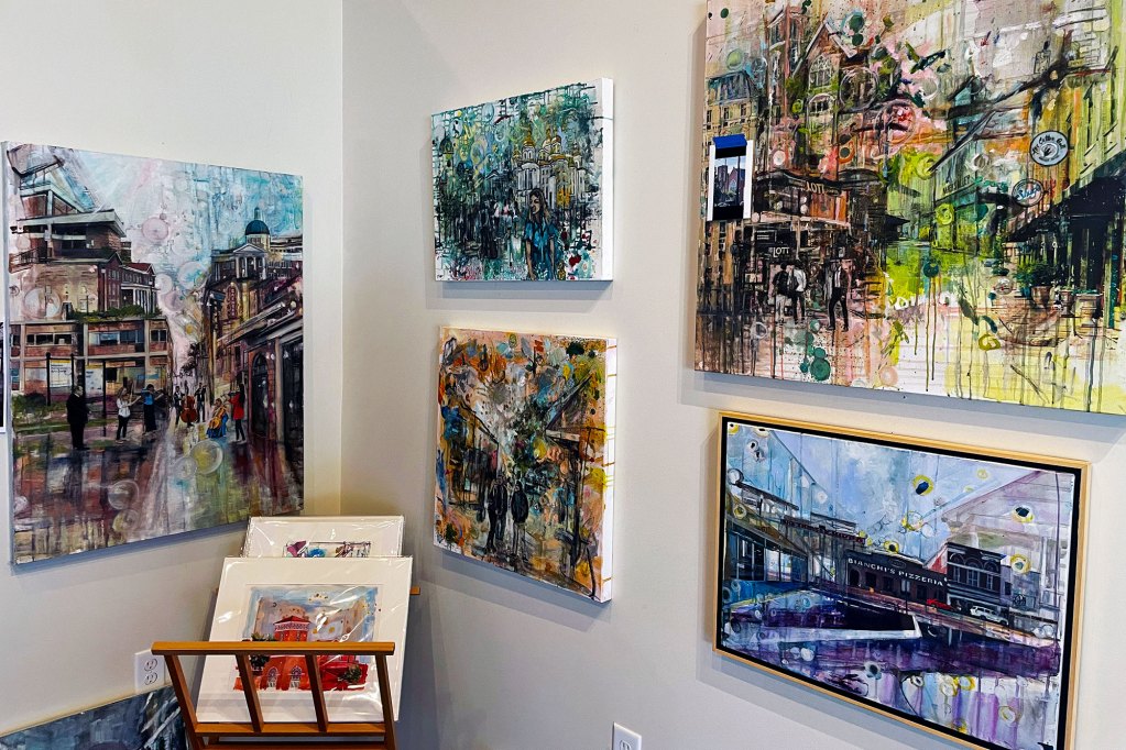 An interior view of art handing on a wall