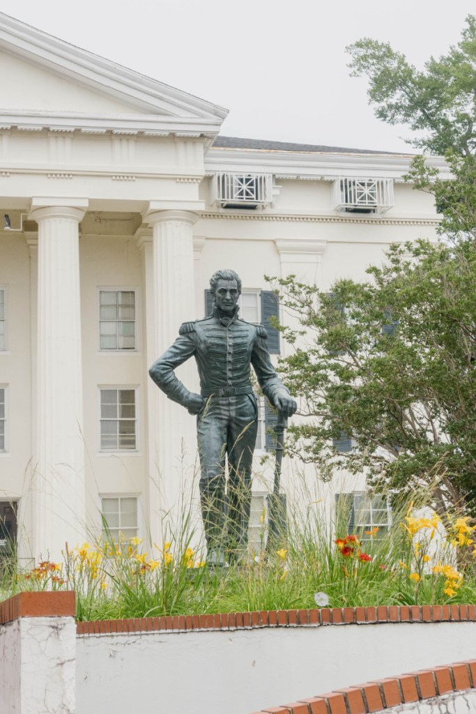 a photo of a statue of Andrew Jackson in front of city hall