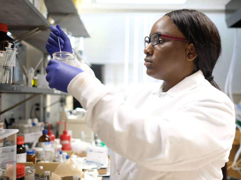 A woman in a lab coat and purple gloves works with lab equiptment