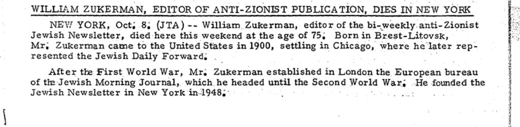 A 1961 death notice for a man named William Zukerman, described as the editor of an 'anti-Zionist publication