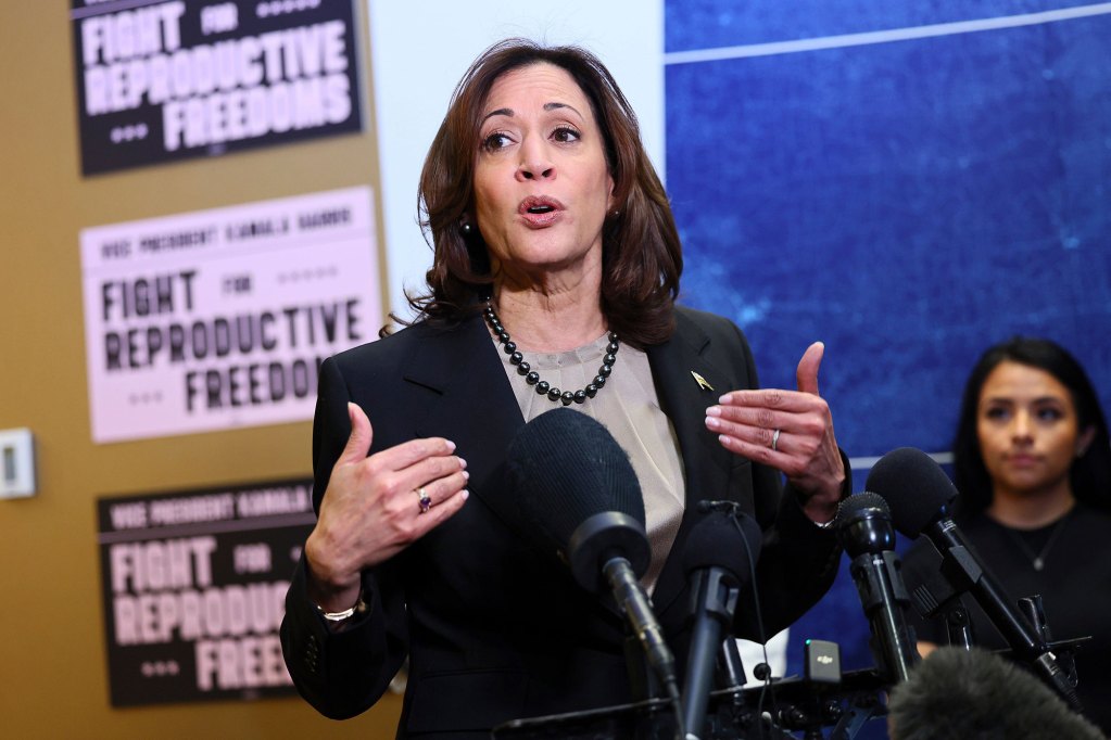 A woman speaks at a podium. Signs that say Fight for Reproductive Freedom are on the wall behind her.