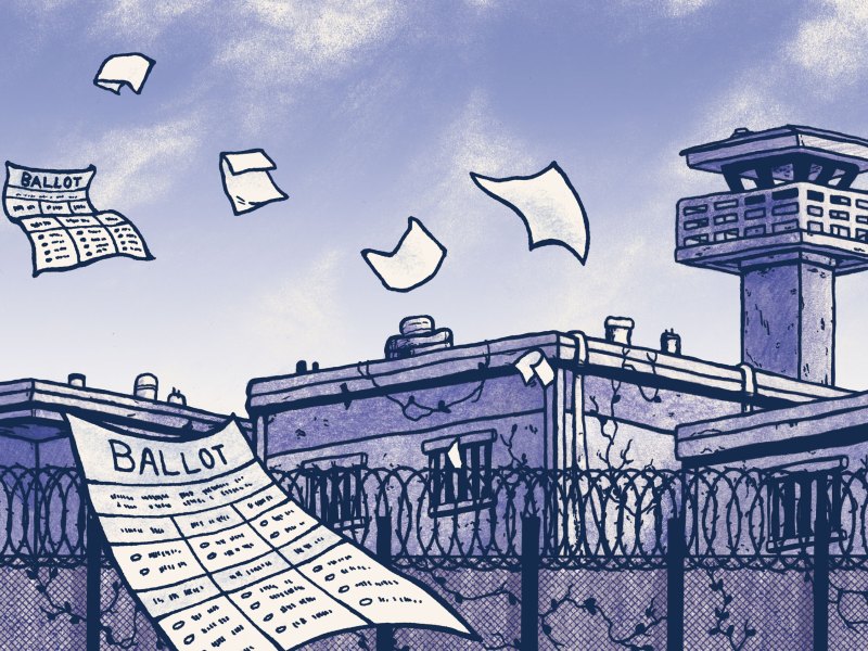 An illustration shows absentee ballot forms flying out of a jail facility with a razor wire fence and a guard tower.