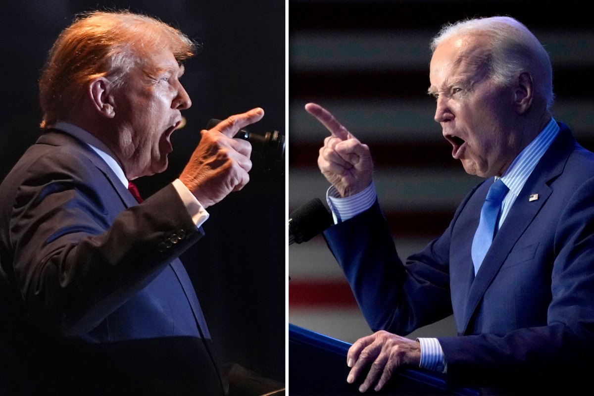 A side by side photo of two men speaking strongly at podiums and pointing