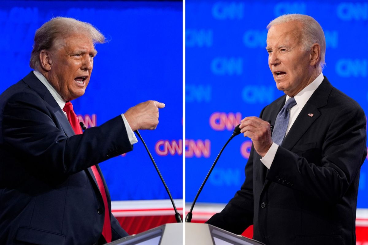 Side by side photos of two men speaking at podiums