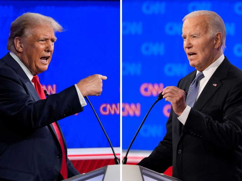 Side by side photos of two men speaking at podiums