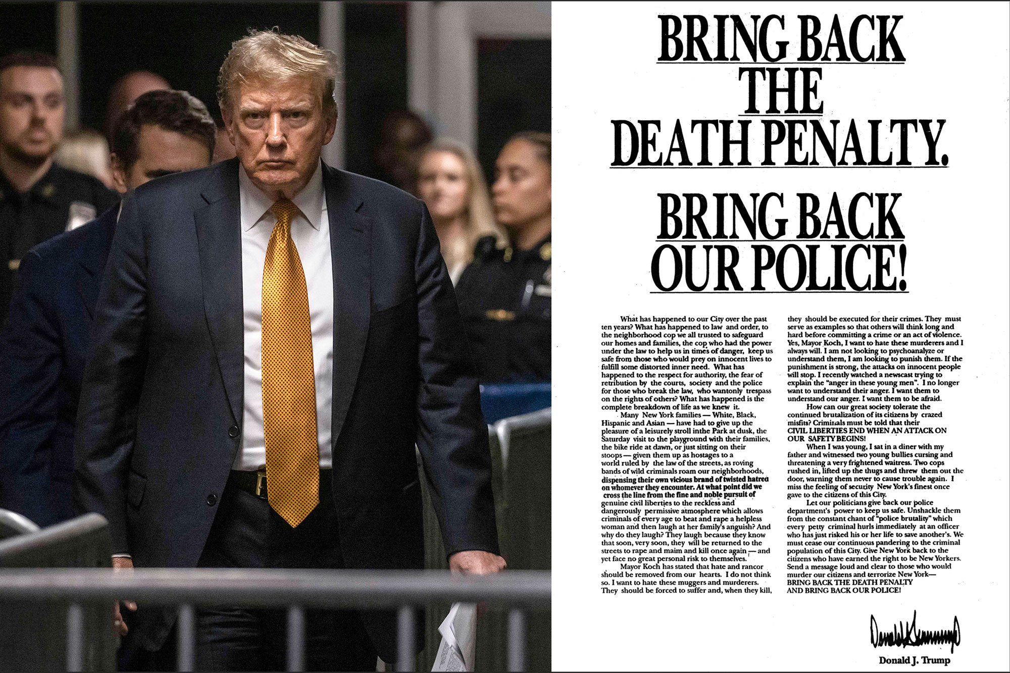 An ad with the headline "Bring Back the Death Penalty. Bring Back Our Police!" and signed at the bottom by Donald J. Trump