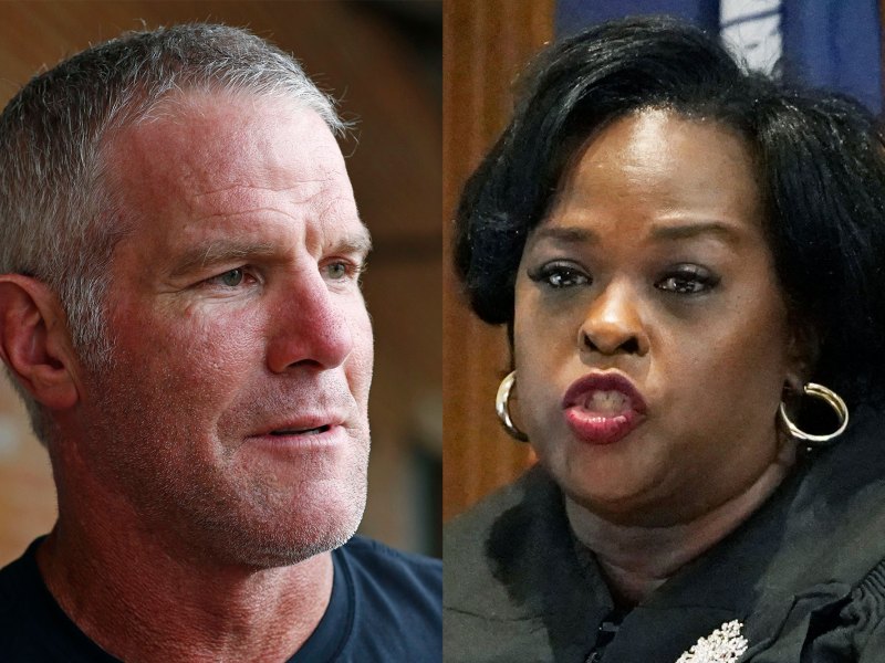 A sidebyside photo of Brett Favre and Judge E. Faye Peterson
